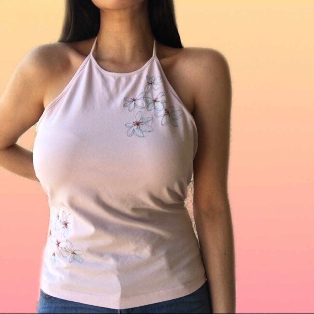 Y2k pale pink floral embroidery halter top